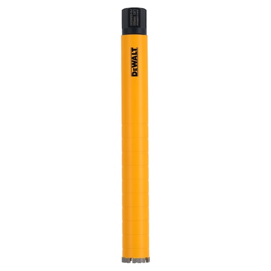 DEWALT DCDW101 yellow cylindrical core drill bit with logo, shown vertically on white background.
