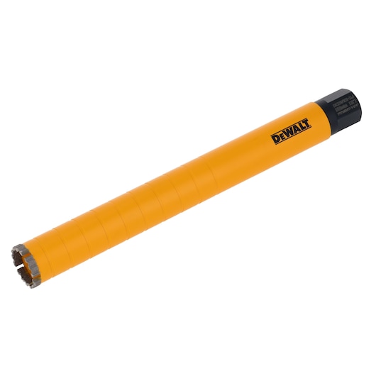 Yellow DEWALT core drill bit with black end and segmented cutting tip, shown against white background.
