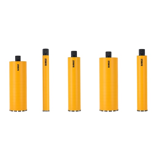 Five yellow DEWALT drill bits with black tops are shown upright, spaced evenly against a white background.