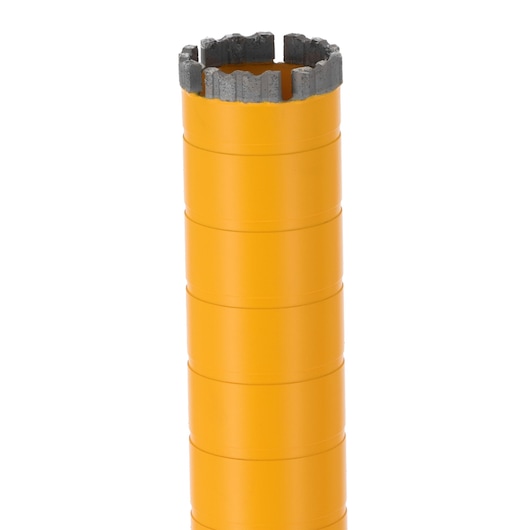 Yellow cylindrical core drill bit with a segmented gray cutting edge shown upright against a white background.