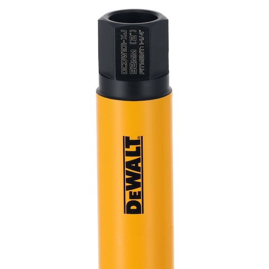 Yellow DEWALT tool with black hexagonal socket, model DCDW101, used for fastening or loosening.
