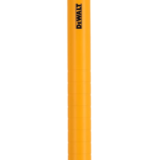 Yellow cylindrical DEWALT handle or tool part with logo, shown vertically, isolated on white background.