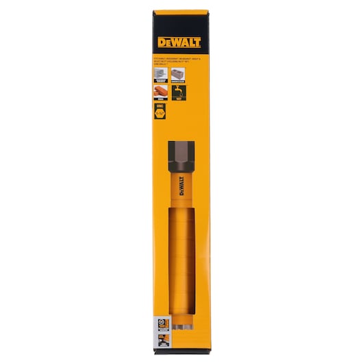 DEWALT DCDW101 drill bit in yellow packaging with product details and images shown on the box.