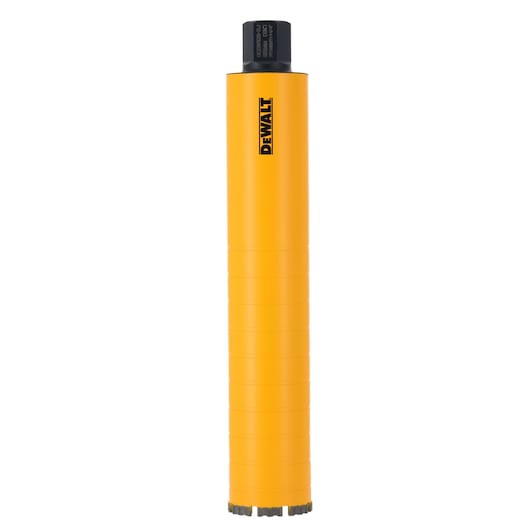 Yellow DEWALT cylindrical drill bit for heavy-duty drilling, shown upright against a white background.