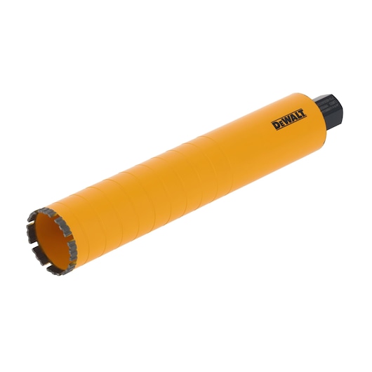 Yellow DEWALT cylindrical core drill bit with segmented cutting edge for masonry drilling.