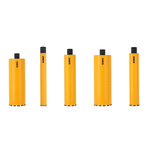 Five yellow DEWALT cylindrical drill bits in different sizes, displayed upright on a white background.