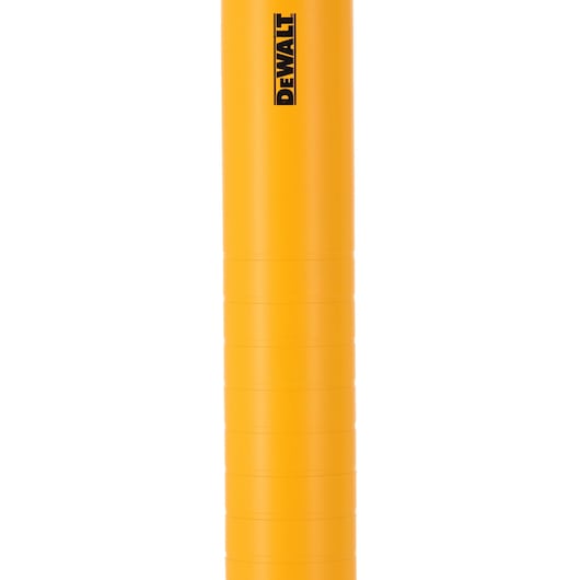 Yellow cylindrical DEWALT protective case with vertical logo, suitable for storing photography equipment.