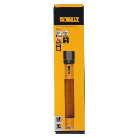DEWALT core drill bit in yellow-black packaging standing upright. Product features shown on the box front.