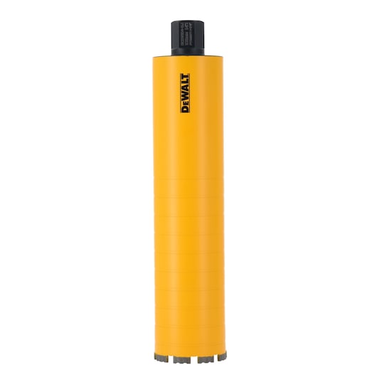 DEWALT yellow core drill bit with black top, vertical orientation, isolated on white background.