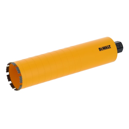 DEWALT yellow cylindrical core drill bit with segmented edges for cutting concrete or masonry.