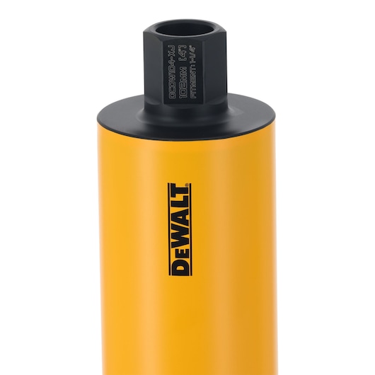 DEWALT yellow core drill bit with black fitting, shown upright against a white background.