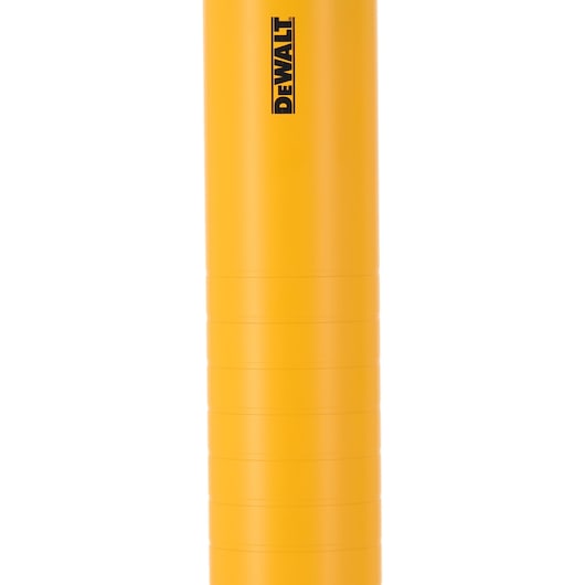 Yellow cylindrical DEWALT product with logo, vertical orientation, smooth surface, photography category.