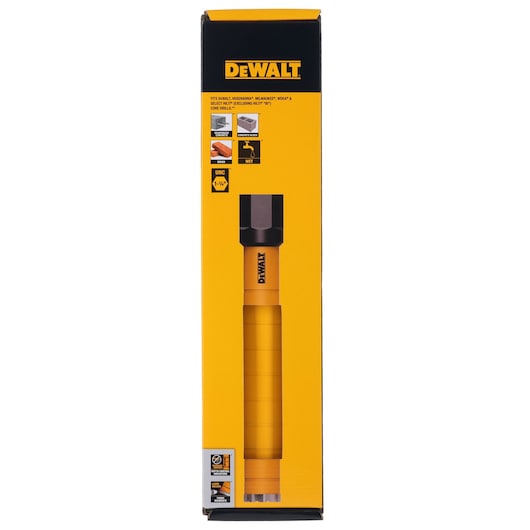 DEWALT DCDW104 core drill bit in branded yellow-black box, showing specs and usage icons.