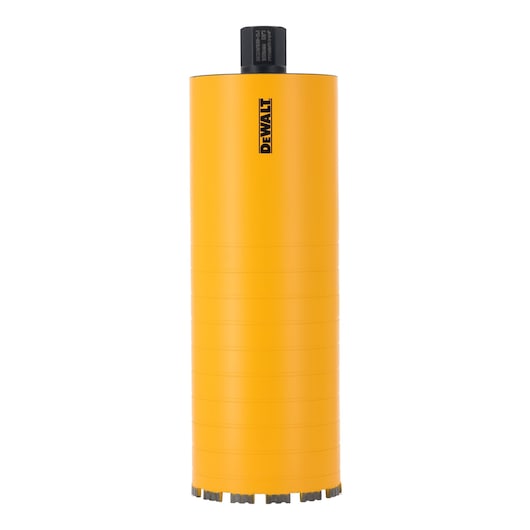 Yellow DEWALT core drill bit with black connector, used for concrete drilling tasks.