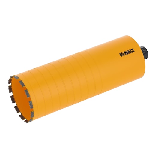 DEWALT cylindrical core drill bit in yellow with segmented rim for concrete or masonry drilling.