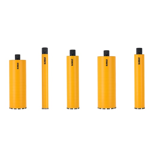 Five yellow DEWALT cylindrical drill bits with black tops, displayed upright in a row on a white background.