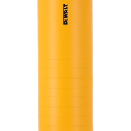 Yellow cylindrical DEWALT container with vertical logo and horizontal ridges, shown against white background.