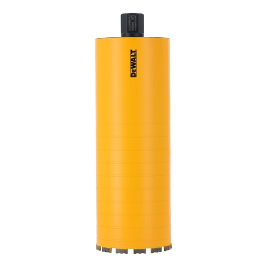 Yellow DEWALT core drill bit with black connector, upright, used for drilling concrete surfaces.
