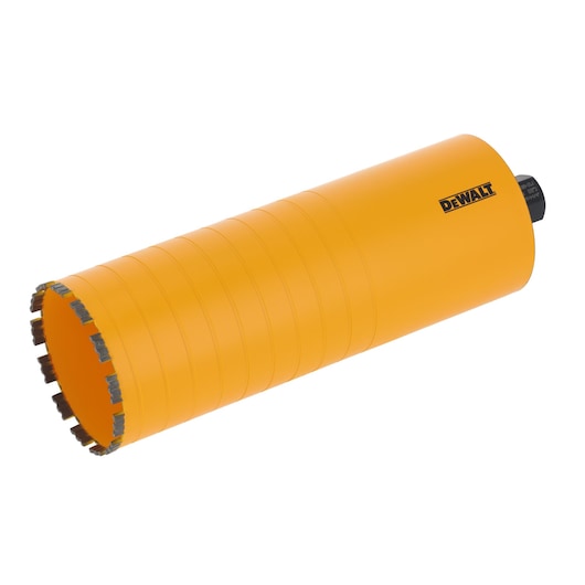 Yellow DEWALT diamond core drill bit with segmented cutting edge for masonry and concrete.