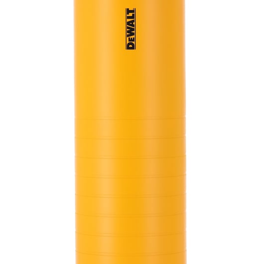 Yellow cylindrical DEWALT product with logo, smooth surface and horizontal lines, close-up view.