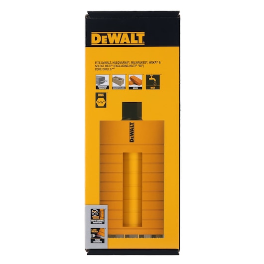 DEWALT core drill accessory box, yellow and black, fits multiple brands, for wet drilling in brick or concrete.