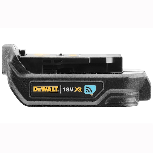 DEWALT 18V XR wireless-enabled battery for power tools, shown in close-up side view.