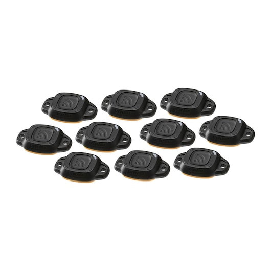 Set of ten DEWALT black tool trackers, oval shape, shown on a white background.