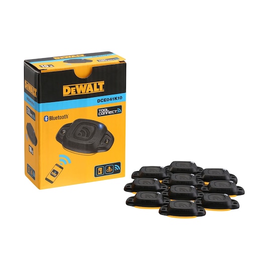 DEWALT DCE041K10 Tool Connect Bluetooth tag kit with ten tags and product box.