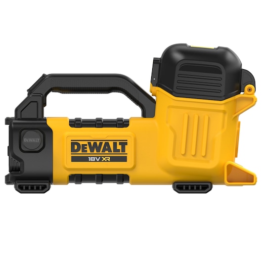 DEWALT 18V XR yellow and black laser level with handle, model DCE050N, shown on white background.