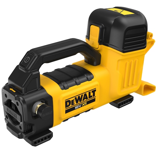 DEWALT DCE050N 18V XR yellow portable air inflator tool with handle and digital control.