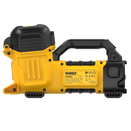 DEWALT DCE050N 18V yellow and black camera housing tool with handle and label for specifications.