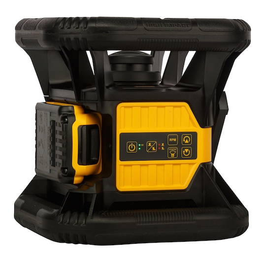 DEWALT DCE074D1R laser level device with rugged black and yellow casing, control panel and battery.