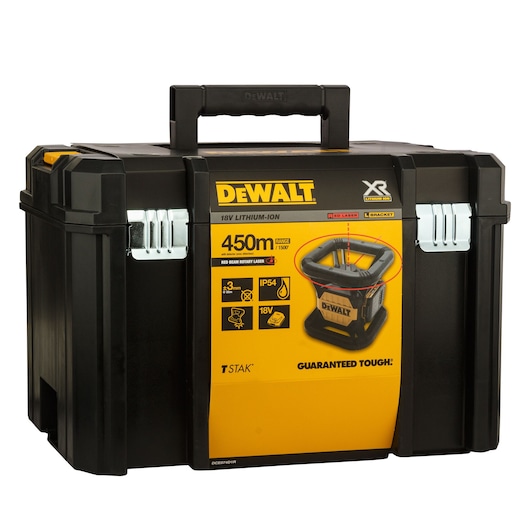 Black DEWALT case with yellow label for 18V lithium-ion rotary laser, model DCE074D1R-QW, tough and portable.