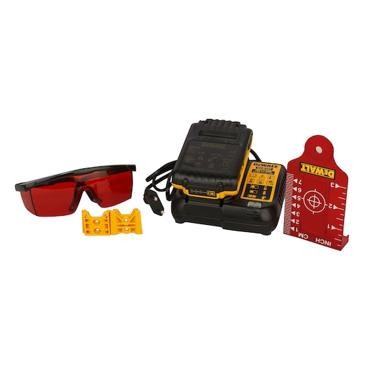 DEWALT photography kit with charger, red glasses, yellow mounts, and target card, all arranged on white background.