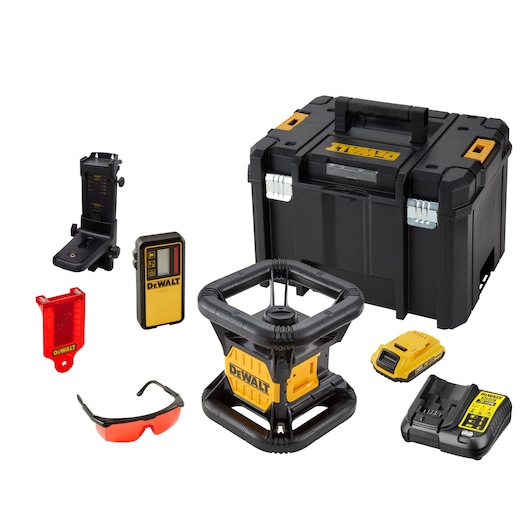 Set of DEWALT photography and measurement tools including a rugged black and yellow rotary laser level, a laser detector, a mounting bracket, red laser enhancement glasses, a red target, a battery pack, a charger, and a large black carrying case.