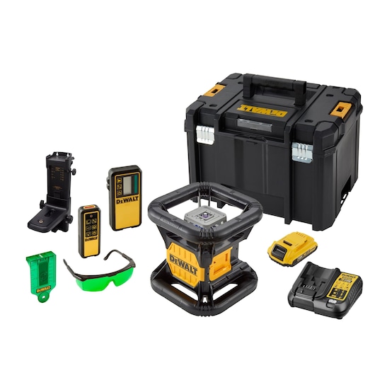 DEWALT laser level kit DCE079D1G with accessories, including a black and yellow laser device, a black carrying case, green tinted safety glasses, a wall mount, two remote controls, a target plate, a battery, and a charger, all arranged on a white background.