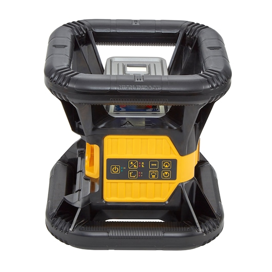 DEWALT rotary laser with protective black and yellow casing and control panel, used for precise measurements.