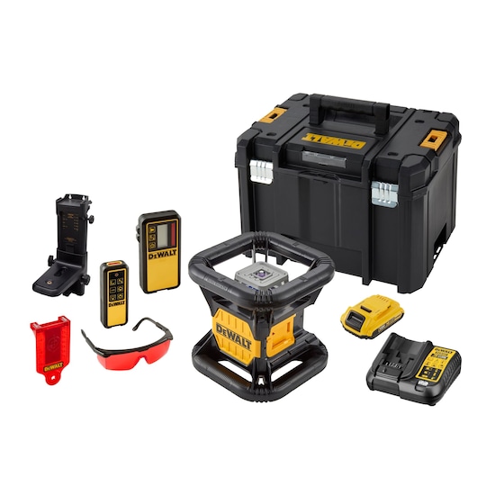 DEWALT laser level kit including a rugged rotary laser, various accessories such as a laser receiver, remote control, mounting bracket, red laser glasses, target card, charger, battery, and a sturdy black storage case with yellow accents, all arranged on a white background.