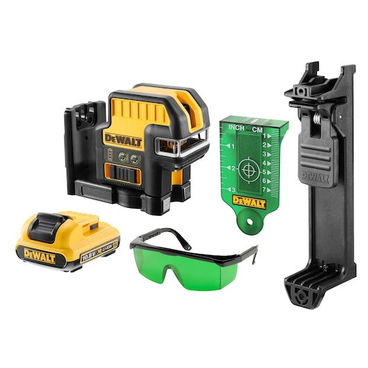 DEWALT DCE0825D1G photography kit featuring a yellow and black laser level, green target plate, mounting bracket, rechargeable battery, and green safety glasses, all arranged on a white background.