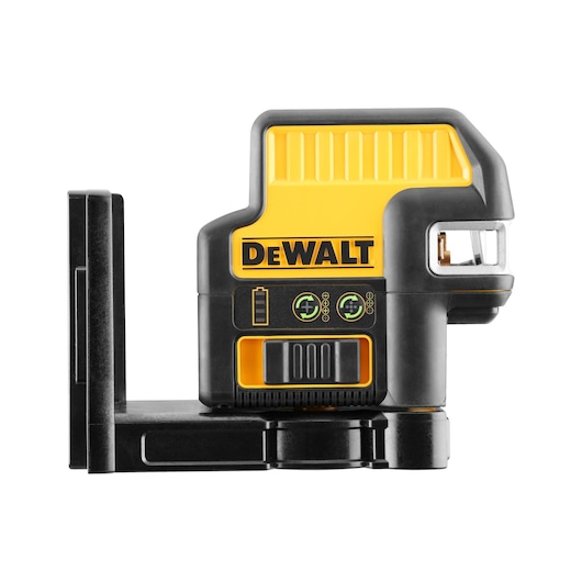 A DEWALT branded yellow and black electronic laser level tool, mounted on a black base, designed for precise measuring and alignment tasks.
