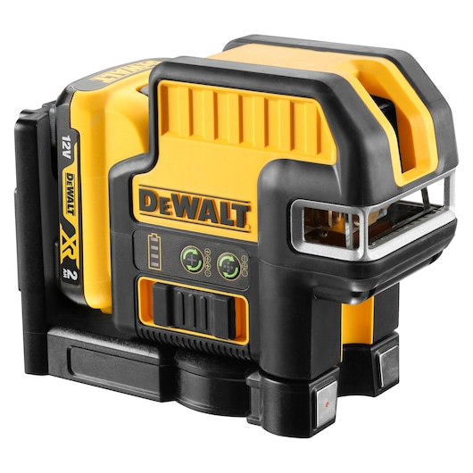 DEWALT 12V XR multi-line laser tool, yellow and black, with control panel and battery for construction alignment.