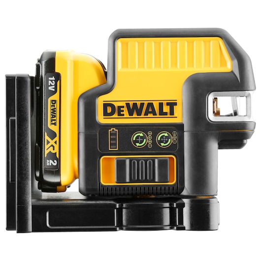 DEWALT 12V green laser level tool with battery, black and yellow design, side view.
