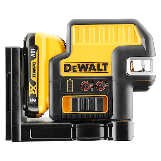 DEWALT DCE0825D1R yellow and black 12V self-leveling laser level tool with battery pack, side view.