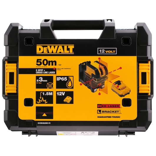 DEWALT 12V cross line laser kit case with specs and product illustration on yellow-black background.