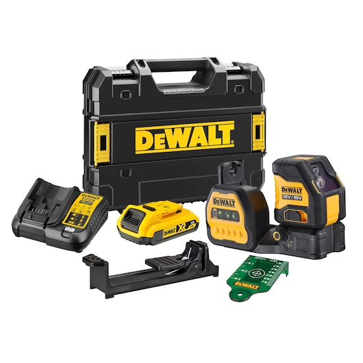 DEWALT laser level kit with battery, charger, case and accessories in black and yellow.