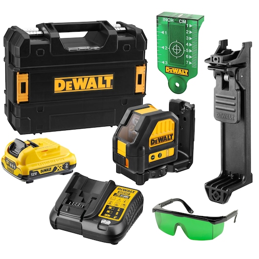 DEWALT laser level kit with a black and yellow carrying case, green target plate, wall mount bracket, rechargeable battery, battery charger, green safety glasses, and a black and yellow laser level device.
