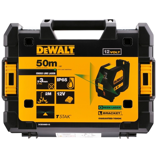 DEWALT cross line laser kit, 50m range, 12V, IP65, green laser, in black and yellow case.