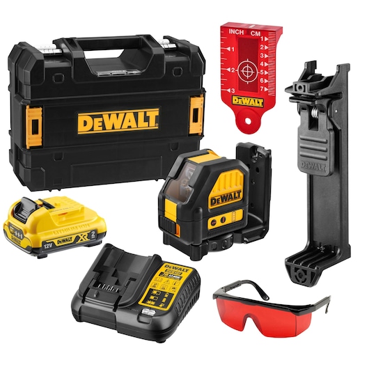 DEWALT laser level kit with carrying case, battery, charger, target card, bracket, and red safety glasses.