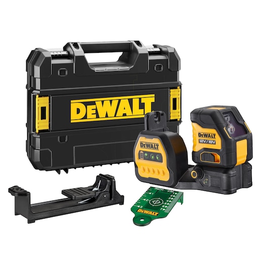 DEWALT laser level kit with hard case, bracket, target plate, and laser device, shown on a white background.