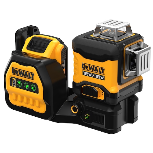 DEWALT DCE089D1G18 12V/18V laser level device with yellow and black body and control panel.